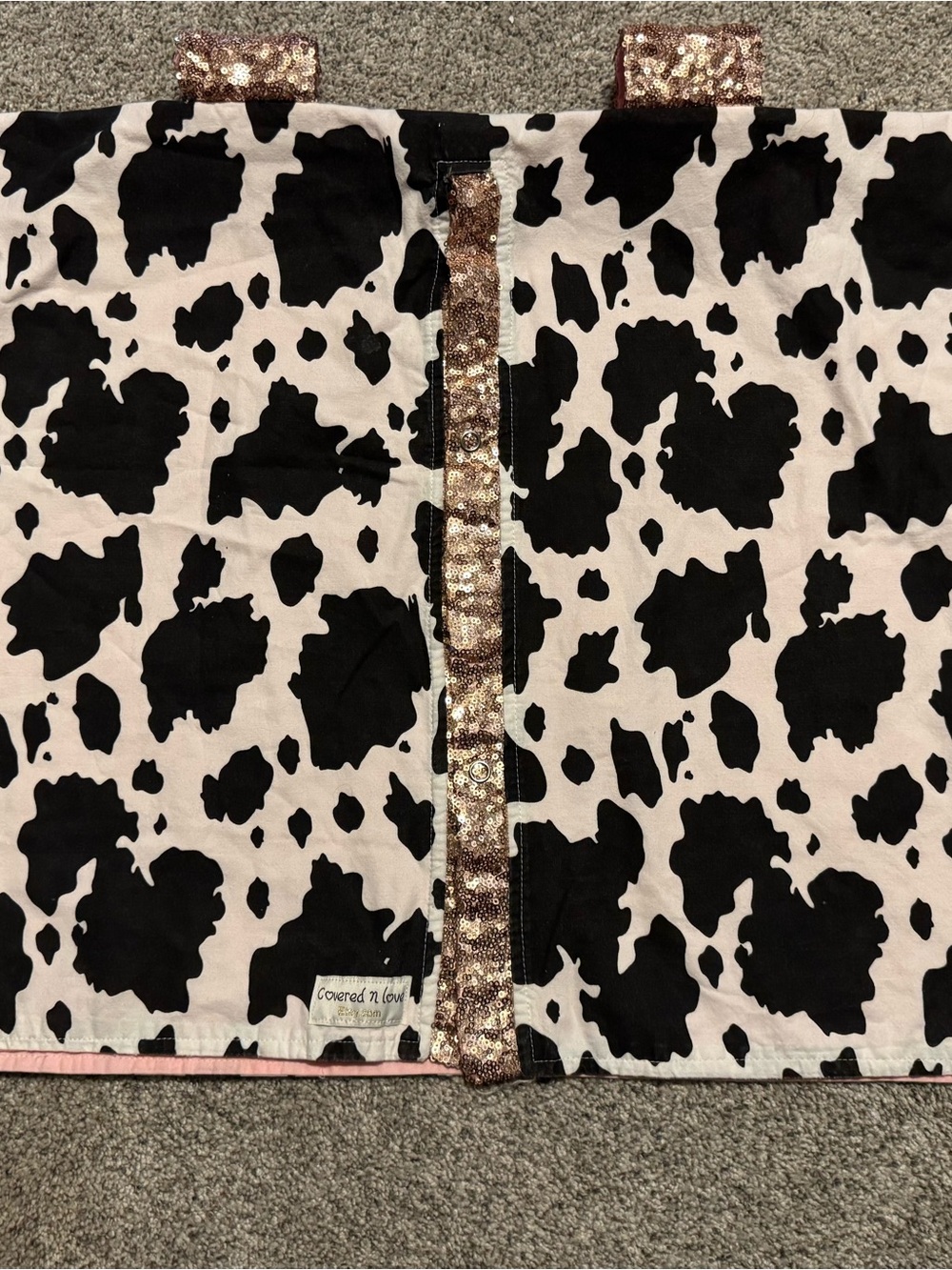Black & White Cow Print Car Seat Canopy with Rose Gold Sequin Trim